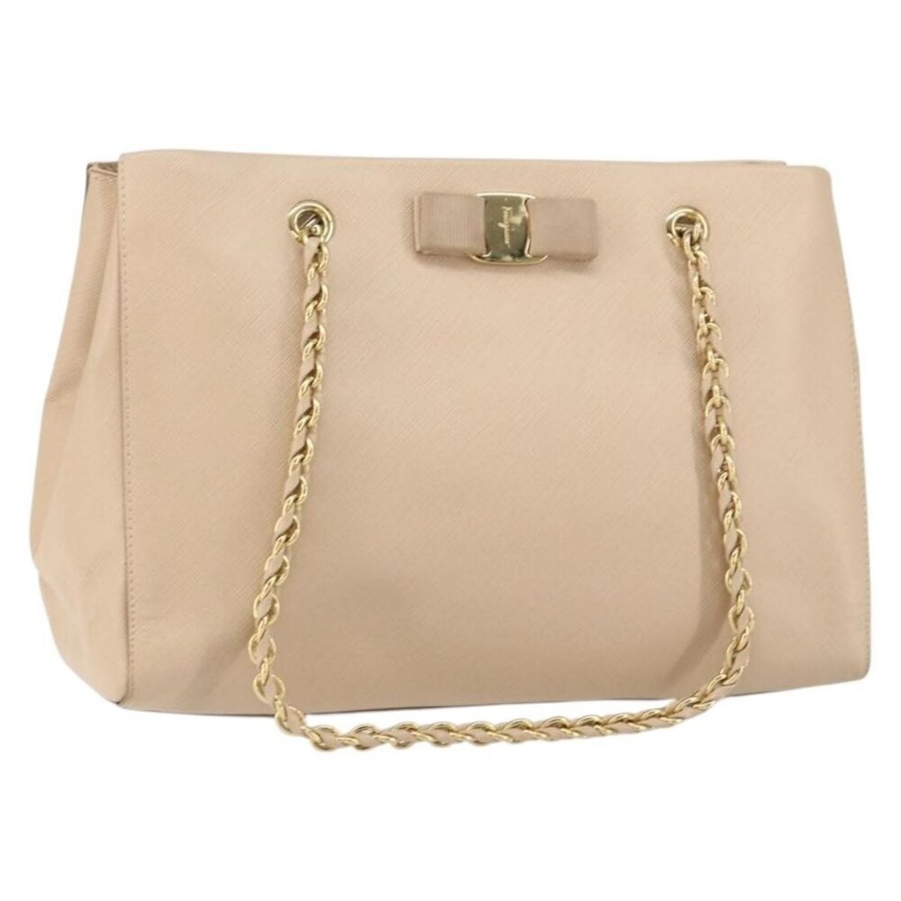 Authentic Salvatore Ferragamo Shoulder Bag Leather Gold Beige